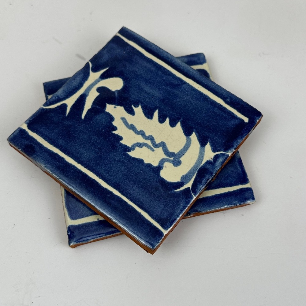 Hand Painted Ceramic Tile Coasters Blue White Leaf Glazed Pottery Set of 2 Cork